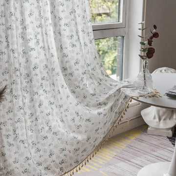 Qfdian Korean Daisy Curtain Road Pocket Shade Bohemian Tassel Curtain for Kitchen Bedroom Living Room Kids Semi Blackout Window Curtain